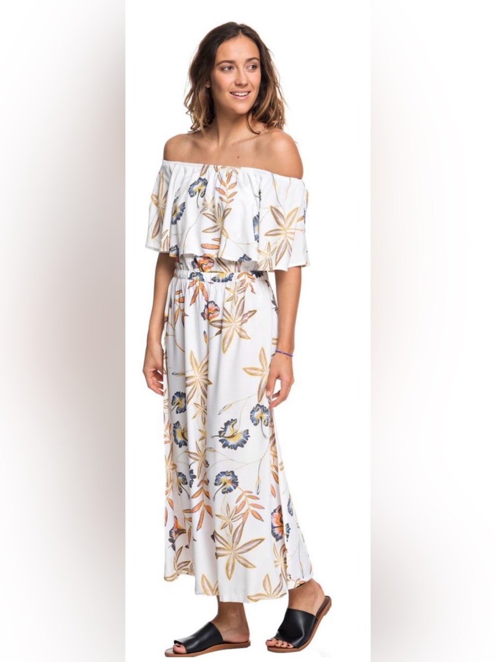 Roxy White Off-Shoulder technicolor sky Floral Maxi Dress